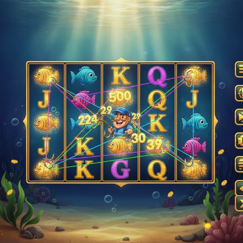 Fishin Frenzy free games round with fisherman wild collecting fish prize values on screen