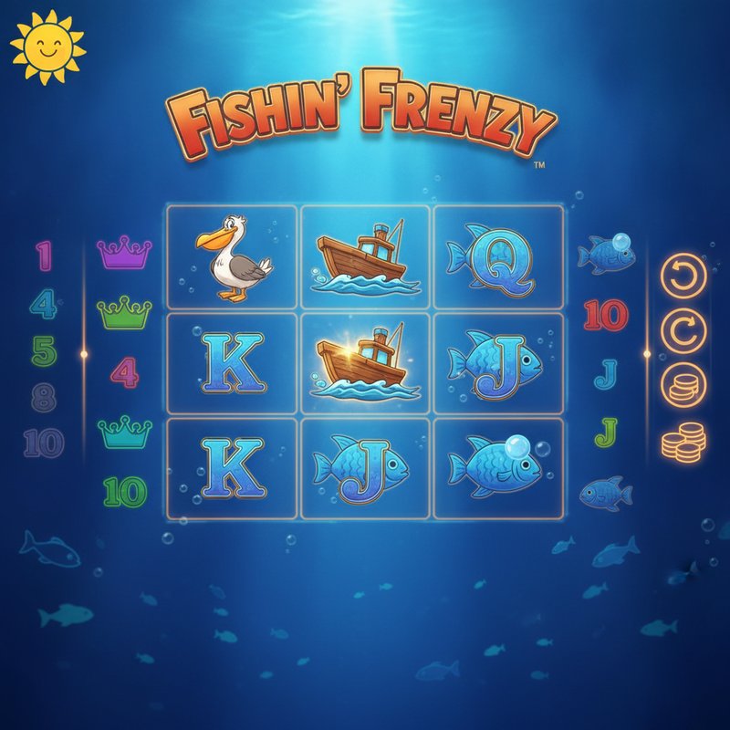 Fishin Frenzy slot main screen showing the 5x3 ocean-themed reels with pelican and boat symbols