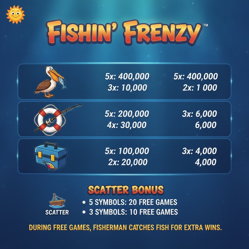 Fishin Frenzy paytable displaying pelican, fishing rod, life preserver and tackle box symbol payouts